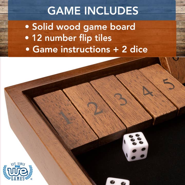 Wood Expressions - Wholesale Board Game - WE Games 12 Number Shut the Box Board Game, Walnut Stained Wood, 13.5 in.3