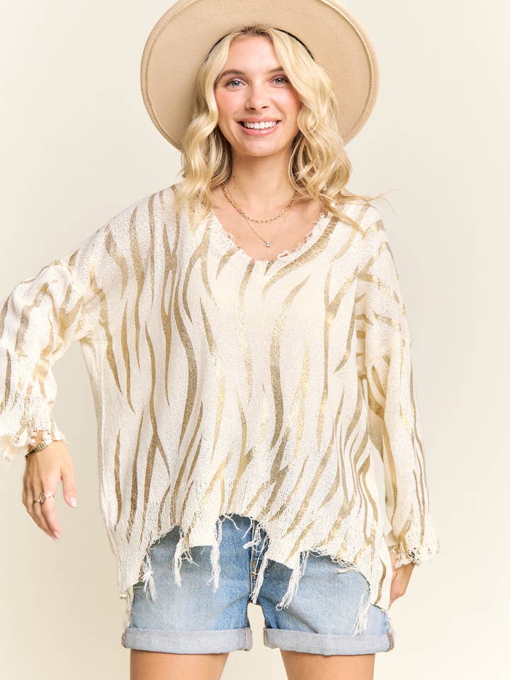 IVORY LT GOLD LESW3052 - FRAYED ZEBRA SWEATER KNIT TOP for wholesale on Faire1