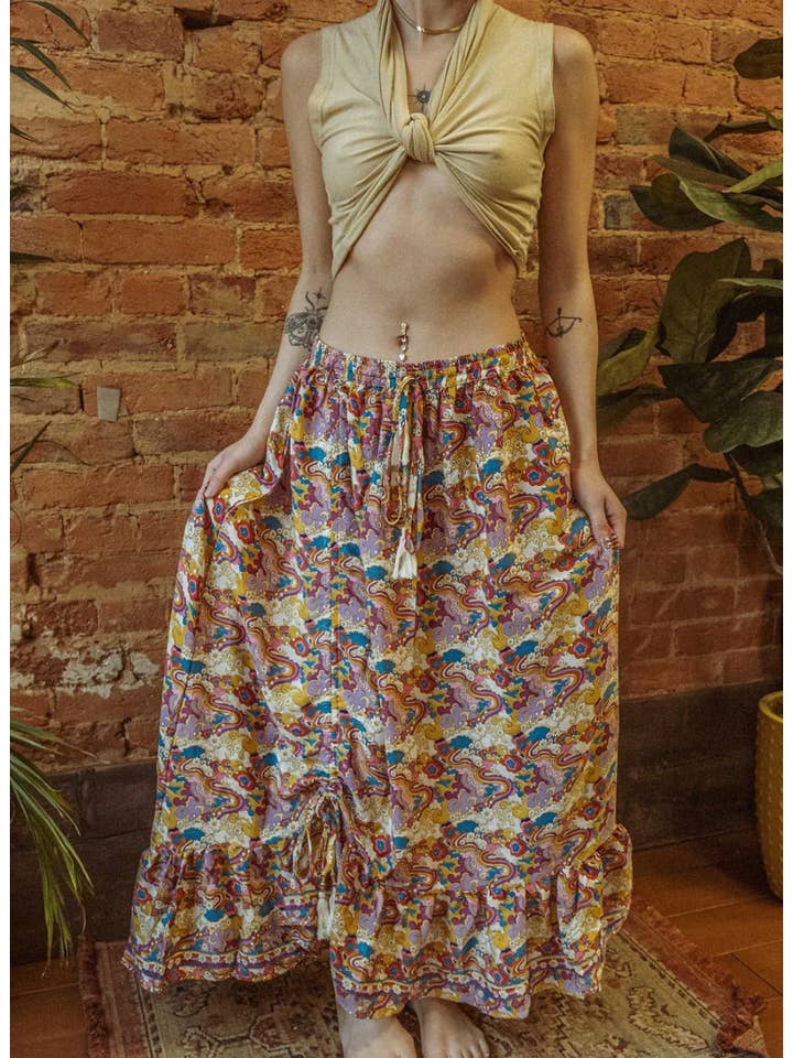 Gardenbelle Shop – Großhandel Rock – Damen – Hippie-Boho-Seidenrock, Maxirock mit Rüschen und Blumenmuster