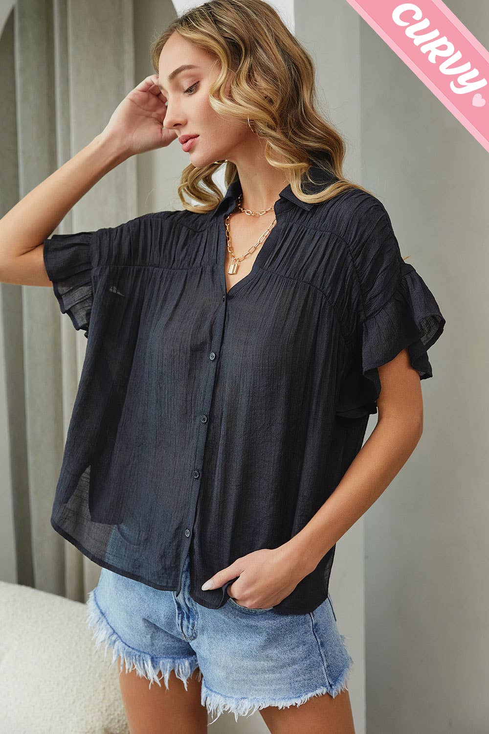 Sweet Lovely by Jen - Wholesale Button Down Shirt - Women's - PLUS SIZE CASUAL SHORT RUFFLE FLOWY SHIRT33