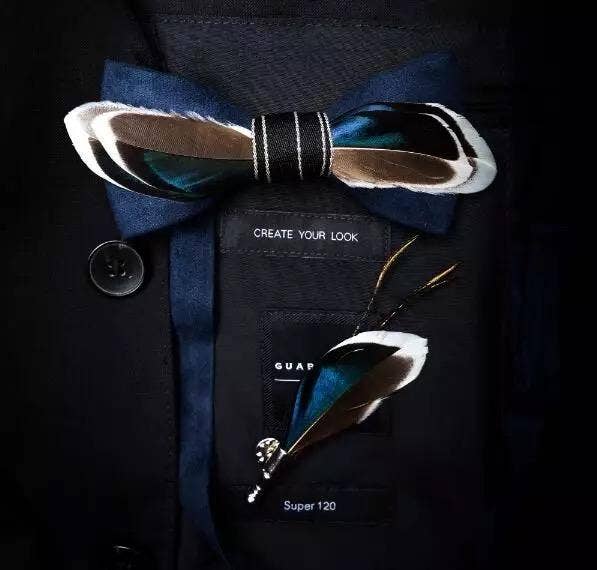 TYED BY DEDE - Wholesale Bow Tie - Men's - Handmade  Blue Brown White Feather Bow Tie W/free Lapel Pin Set1