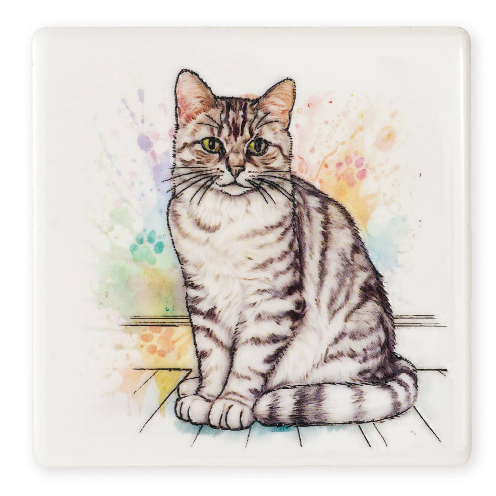 Art of Arora - Wholesale Magneet - Zilveren Tabby Kat Vierkante Keramische Magneet 7,5 x 7,5 cm0