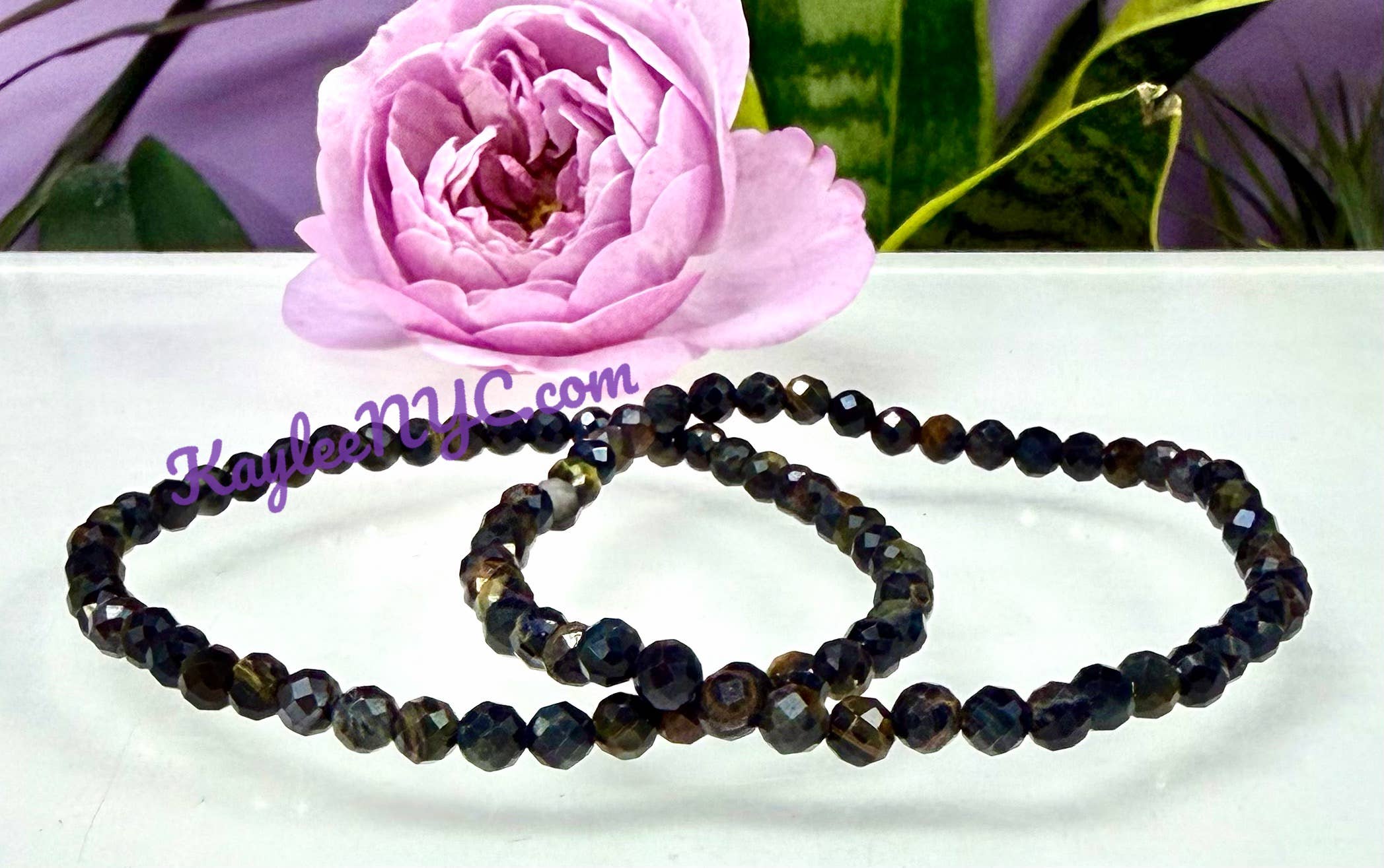 KayleeNYC - Wholesale Beaded Bracelet - Natural Faceted Blue Tiger 4mm 7.5” Crystal Bracelets4