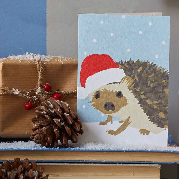 Lorna Syson - Wholesale Christmas Card - Christmas Hedgehog Card with santa hat
