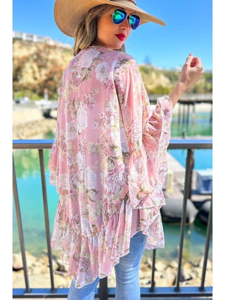 Fard Kimono copricostume in chiffon con stampa floreale e maniche a balze. in vendita all'ingrosso su Faire7