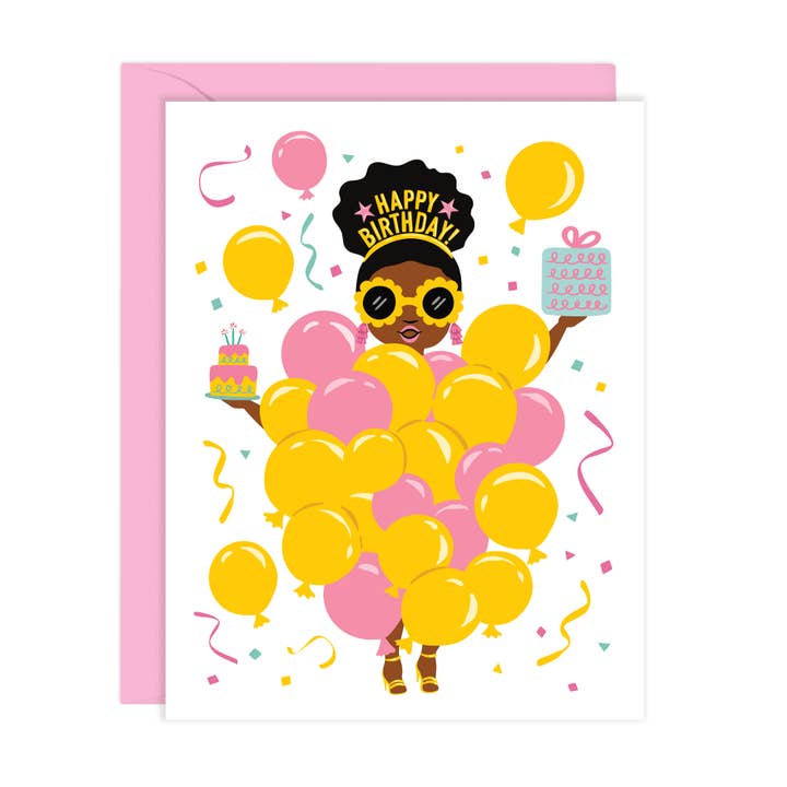 Balloon Party Girl | Black Girl Birthday Card (A2) for wholesale by Lucy Loves Paper