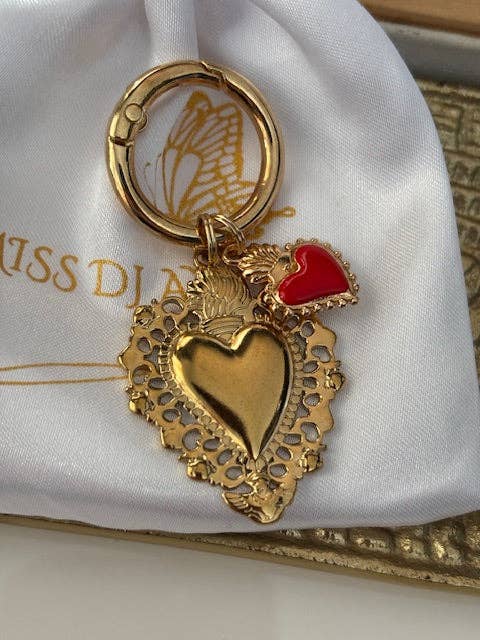 Miss DJ Angel - Wholesale Keychain - Women's - Ex-voto sacred heart charms, ex-voto bag charms, sacred heart charms gift for women, golden and red heart charms.3