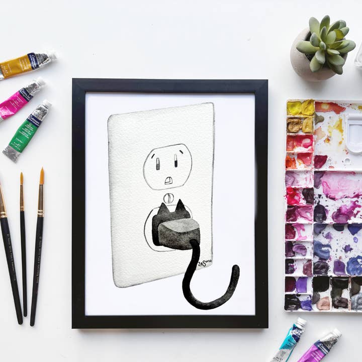 Kat Stik Vandfarve Print – Sjovt Stikkontakt Kunst for engroshandel hos Owlfeathers Watercolor