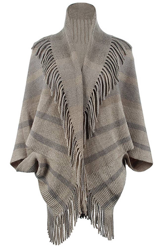 UNISHE – Großhandel Strickjacke – Damen – Gestreifter Strickpulli mit Quasten und offenem Umhang MMY1541