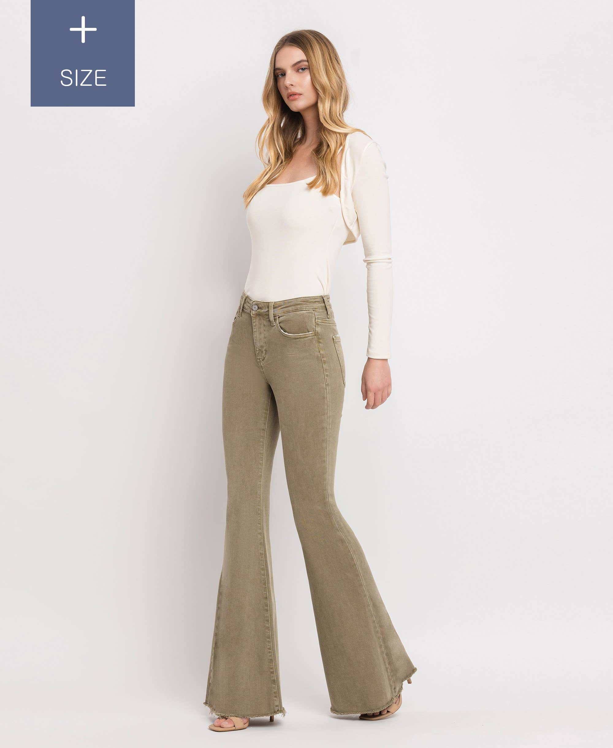 COVERT GREEN PLUS SIZE HIGH RISE SUPER FLARE JEANS V3084CG-P for wholesale on Faire9