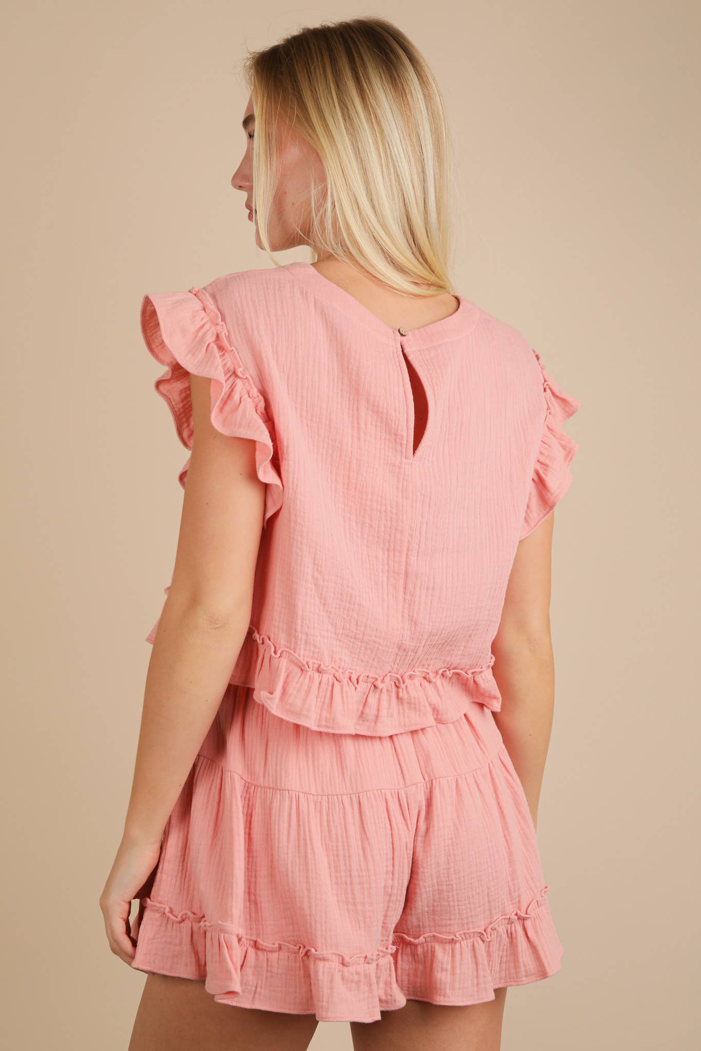 VERY J - Wholesale Top & Short Set (NOT Loungewear) - Women's - NT12150SET-Ruffled Solid Woven Top & Shorts Set4