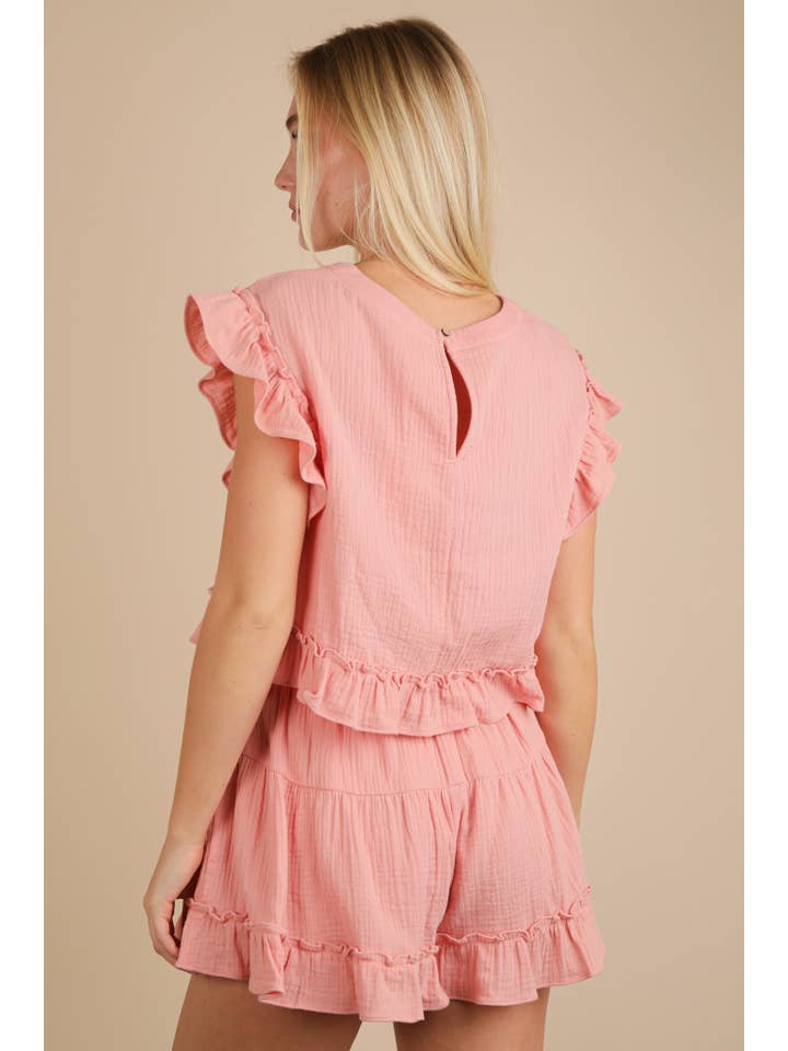 VERY J - Wholesale Top & Short Set (NOT Loungewear) - Women's - NT12150SET-Ruffled Solid Woven Top & Shorts Set4