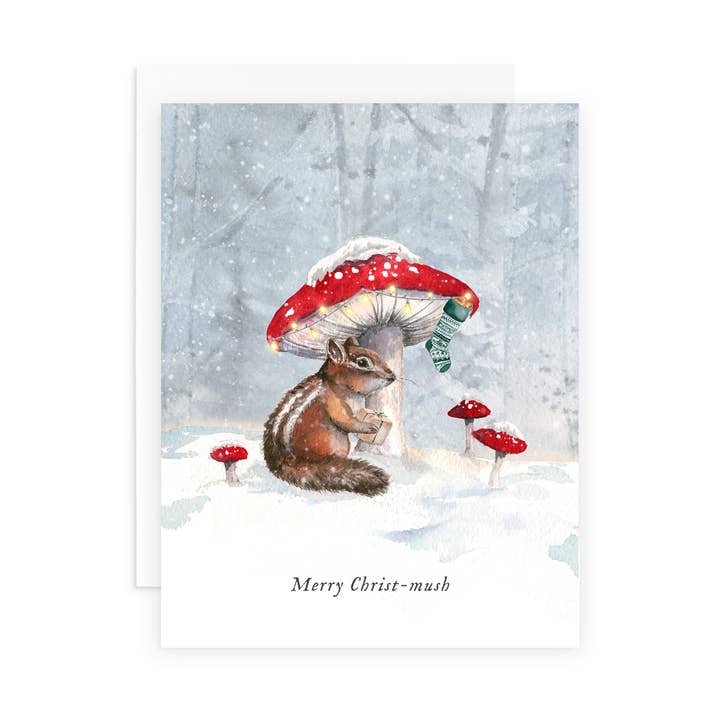 Merry Christ-mush Mushroom Christmas Greeting Card for wholesale by Cami Monet