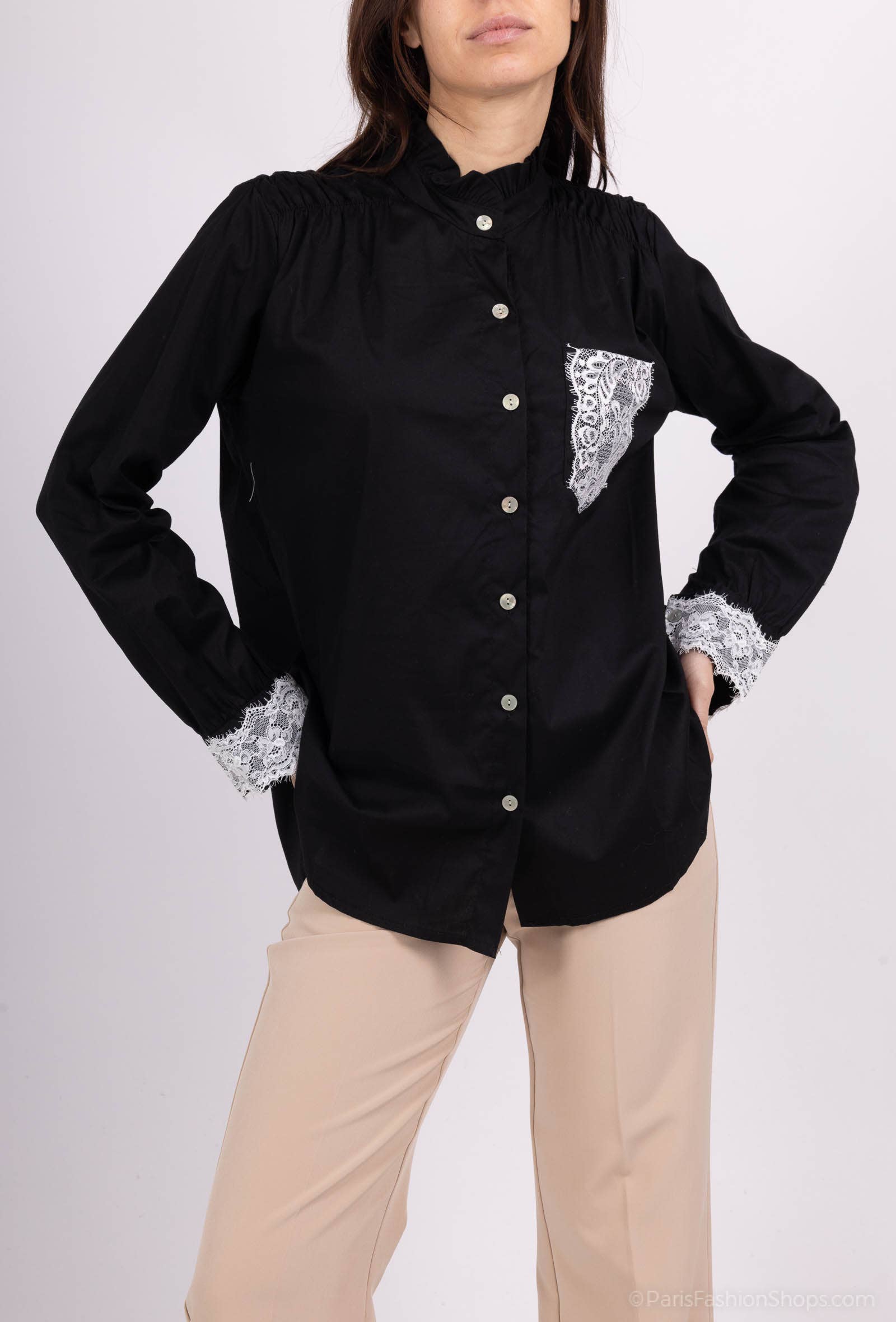 Pépouz' Paris - Vente Chemise à col boutonné – femme - Chemise col mao avec dentelle PC251820