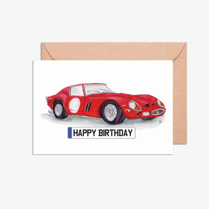 Typhoon Studios – Großhandel Geburtstagskarten – Happy Birthday Nummernschild Ferrari GTO Auto-Karte