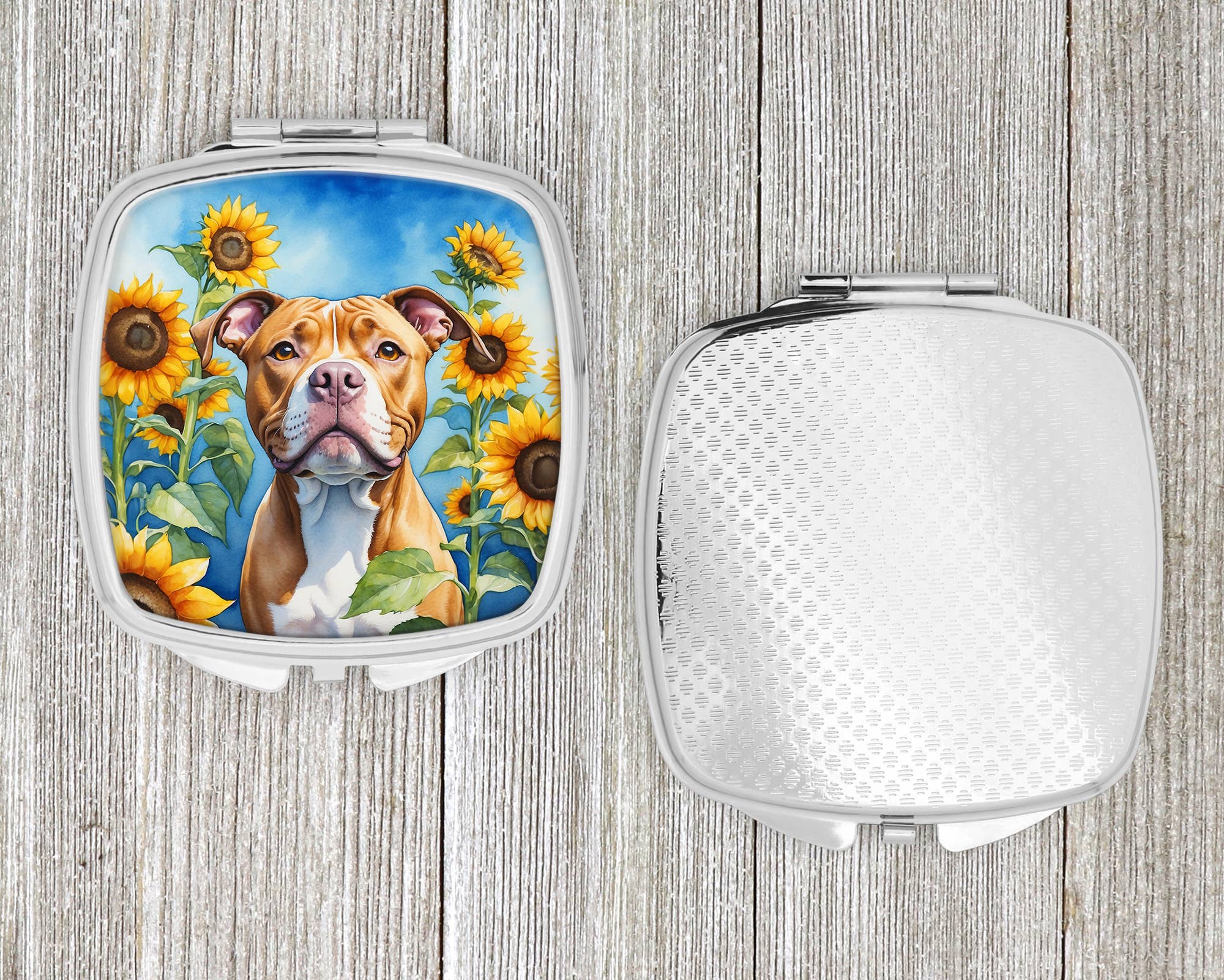 Caroline's Treasures - Venta al por mayor Espejos de bolso - Espejo compacto Pit Bull Terrier con forma de girasoles DAC61332