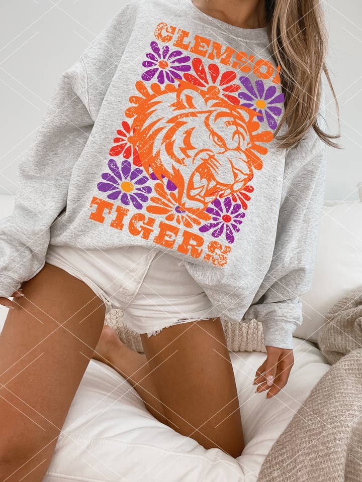 Pressure and Grace - Wholesale Graphic Sweatshirt - Women's - Groovy Floral Clemson Sweatshirt0