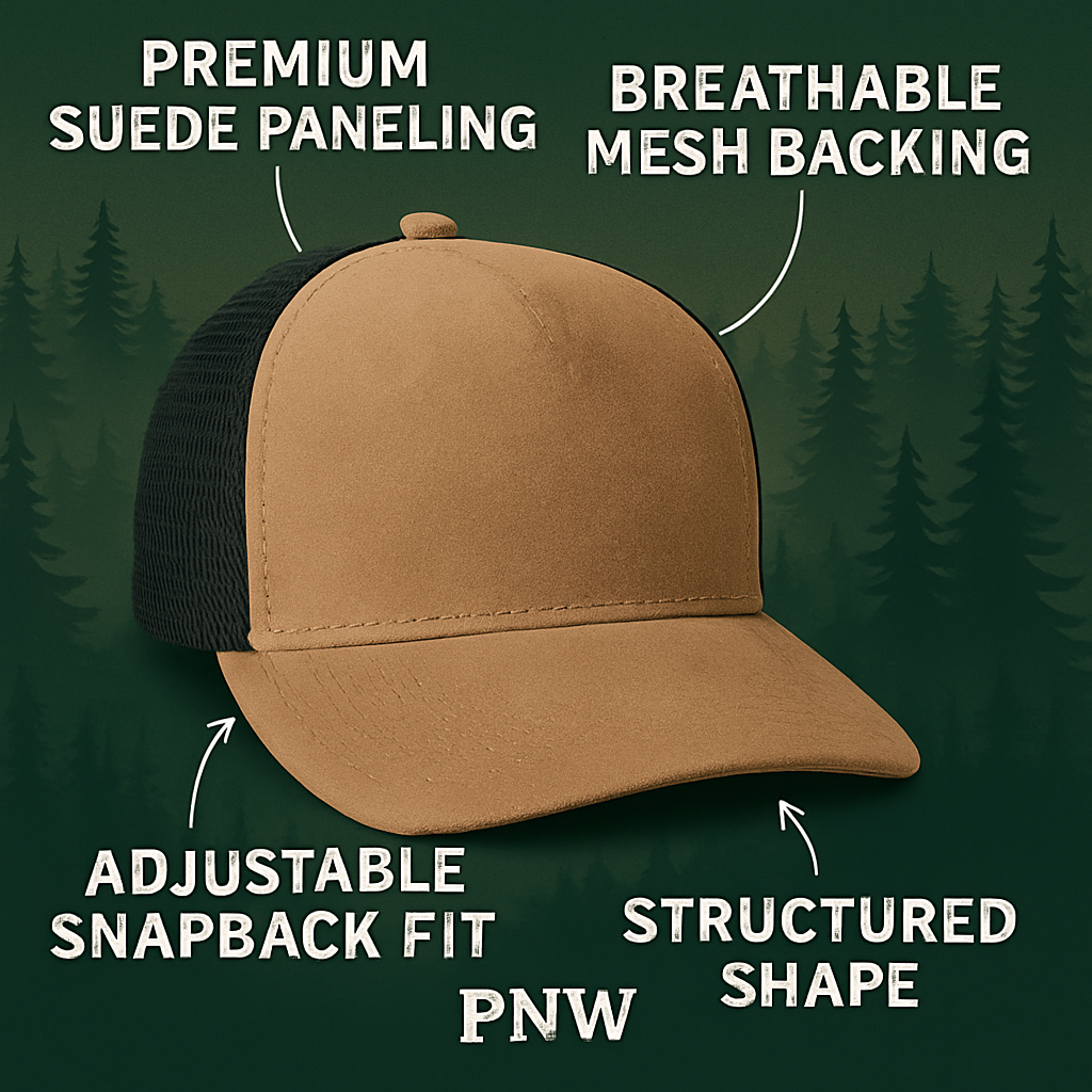 PNW Apparel – wholesale Trucker hat – Unisex – Sasquatch Leather Patch 5-Panel Trucker Hat – Unique Cap9