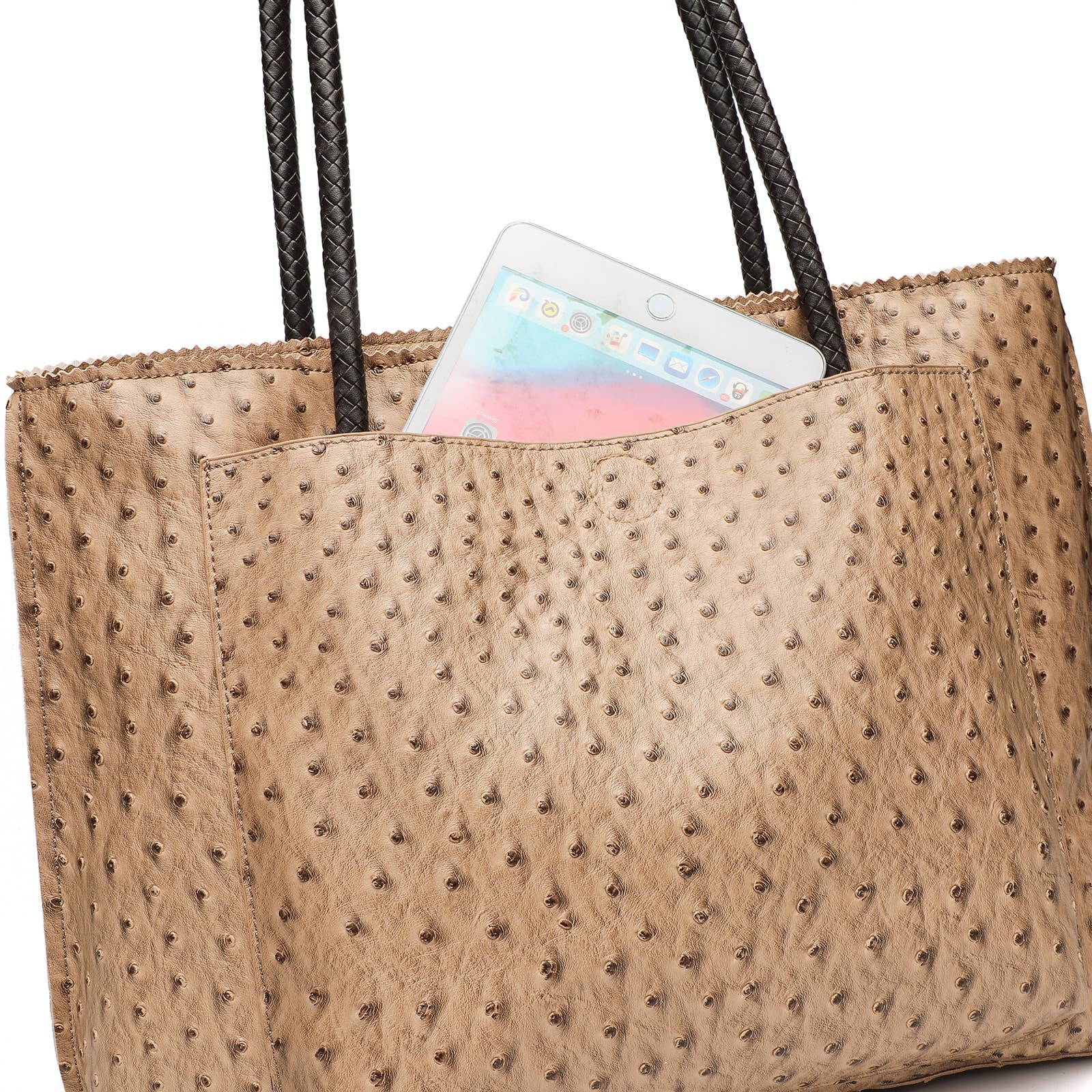 22 Tote - Wholesale Tote Bag - Women's - Deluxe Ostrich Tote Bag with Braided Handles & Multi-Pockets7