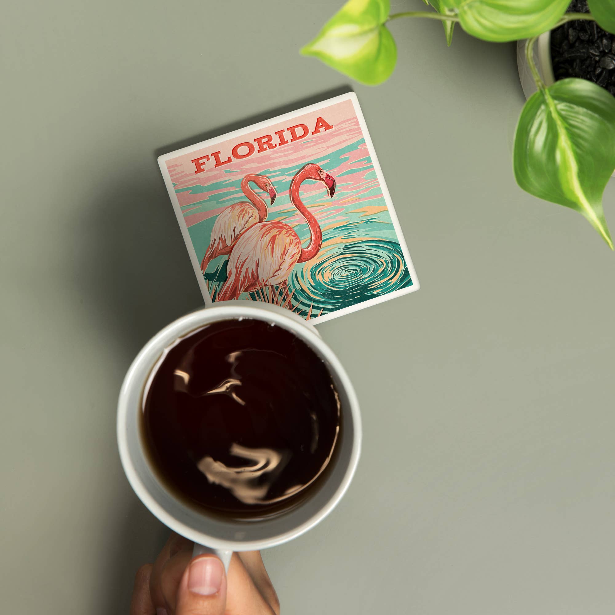 Lantern Press - Wholesale Coasters - CERAMIC COASTER Florida, Vintage Print Press, Flamingo1