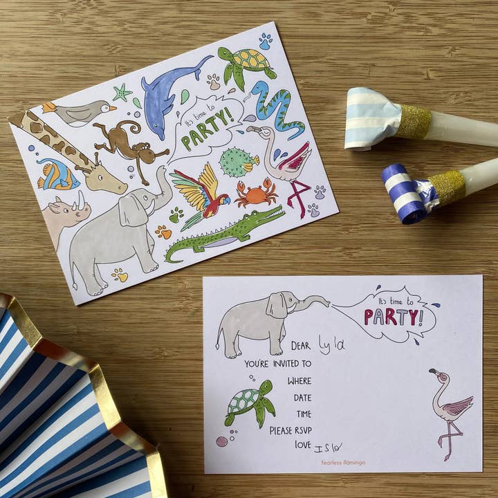 Kids party invitation set | Colouring-in invites | Animals for wholesale by Fearless Flamingo