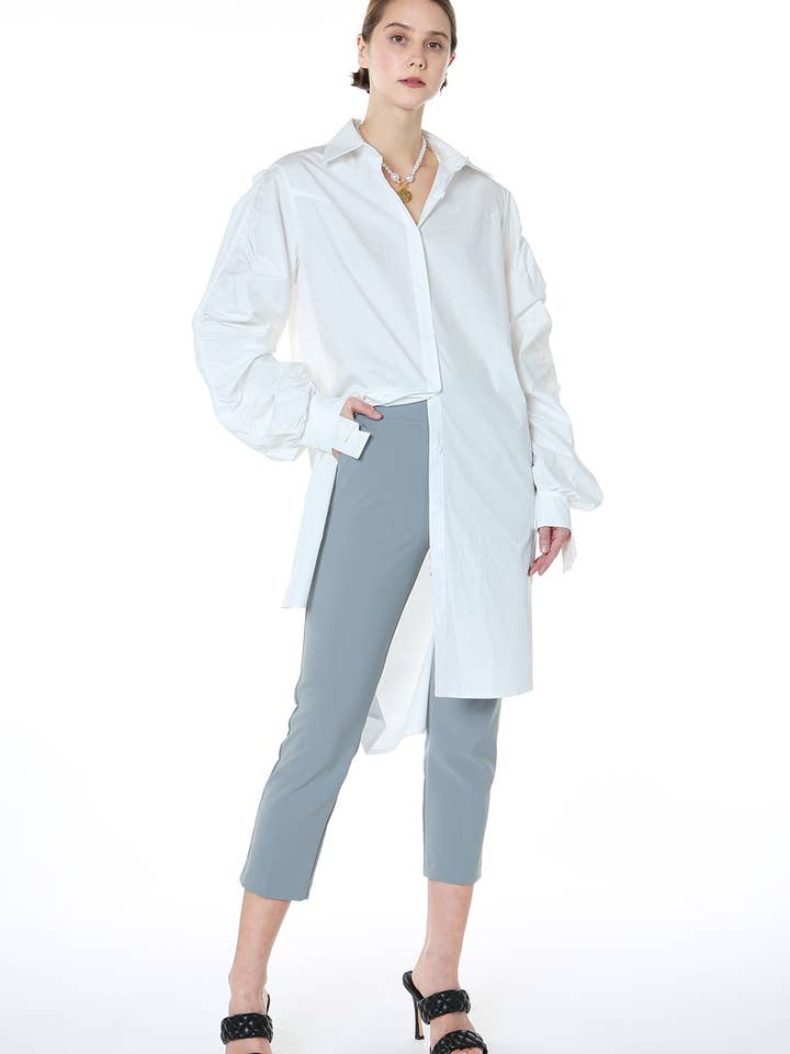 Hi-Low Ruched Detail Mini Shirt Dress CJ3054-L for wholesale by Beulah Style