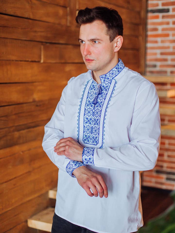 Embroidered Men's Shirt Kapral White & Blue for wholesale by Galychanka