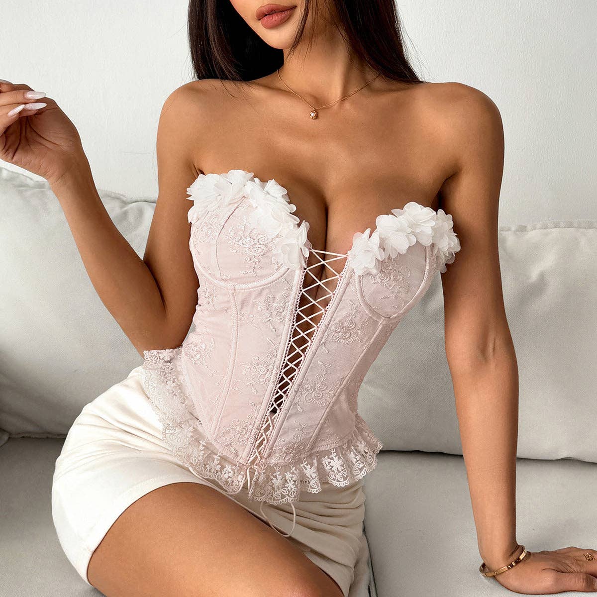 Marayn - Wholesale Corset - Women's - Lace Corset Top with Floral Embroidery  Ties0