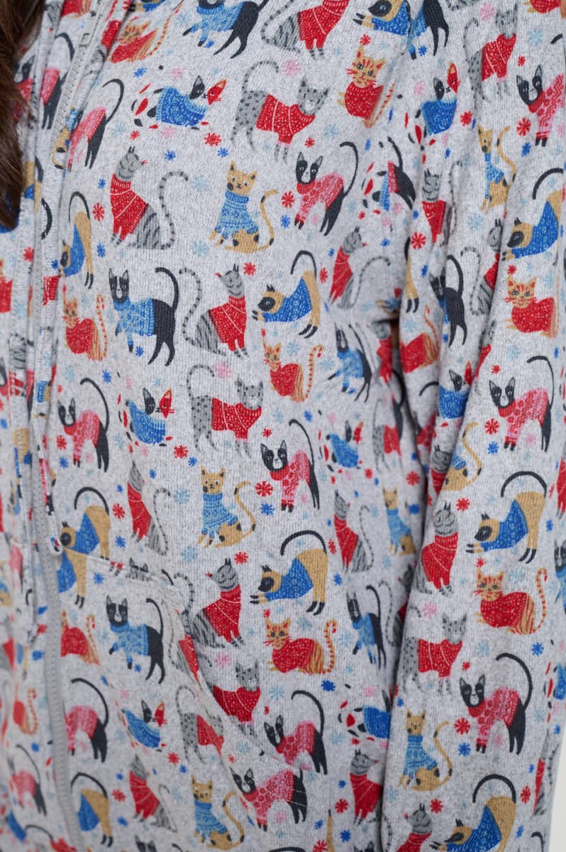 SM WARDROBE - Vendita all'ingrosso Felpa con cappuccio - Donna - FELPA INVERNALE CON CAPPUCCIO E ZIP A TUNICA CON STAMPA DI GATTI2