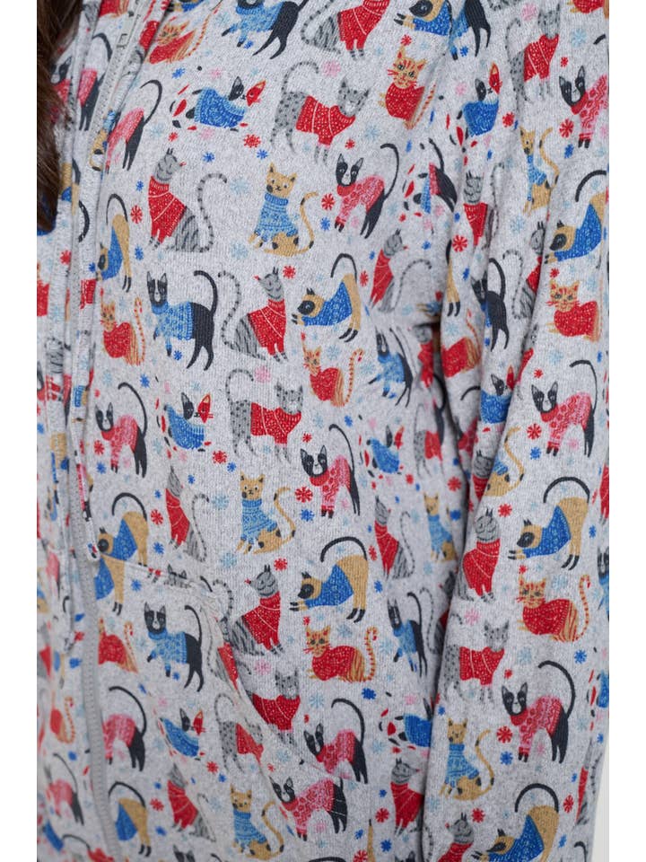 SM WARDROBE - Wholesale Hoodie - Women's - WINTER CATS PRINT TUNIC ZIP HOODIE2