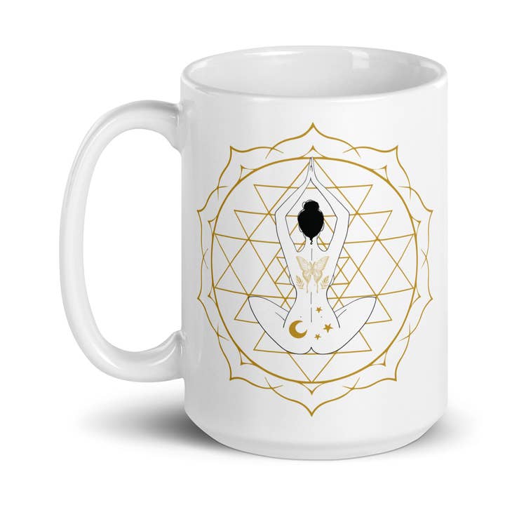 Balance Coffee Mug. Sri Yantra. Goddess. Lotus Yoga Pose. for wholesale by Goddess Swag™