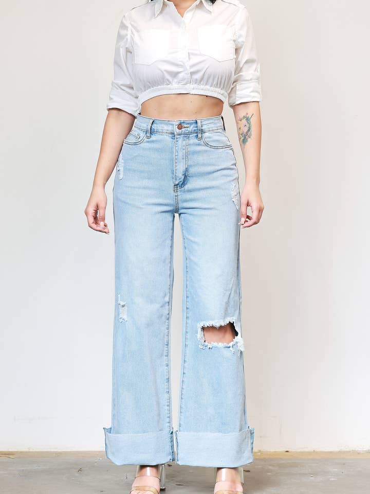 Calça jeans wide leg com stretch confortável por atacado de Vibrant M.i.U