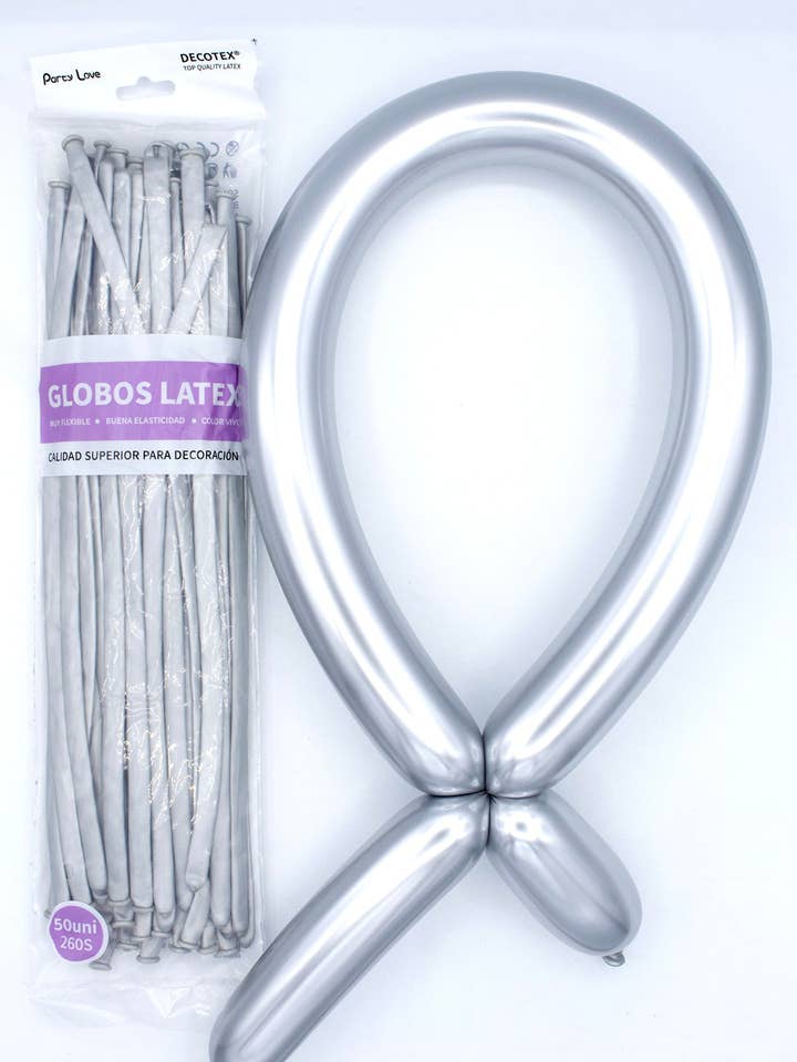 Packung mit 50 Latexballons SILVER METAL Modelar 260 für den Großhandel von Mis Globos