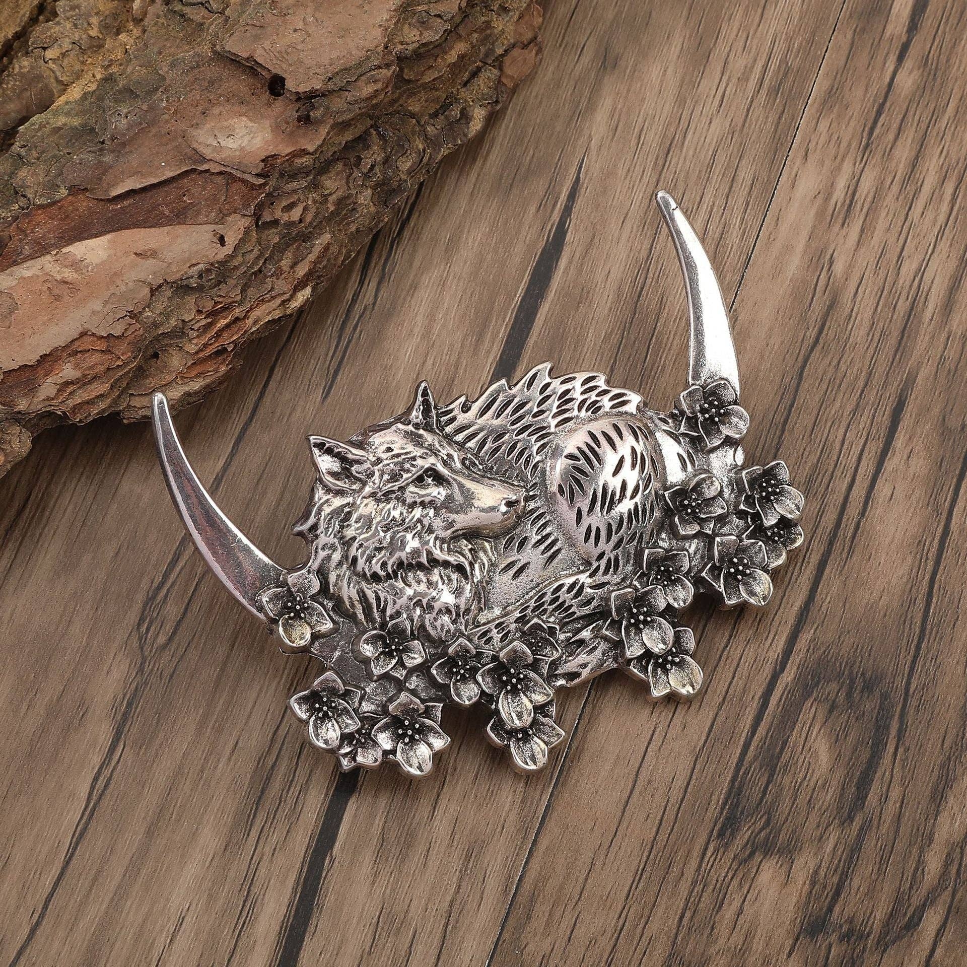 Silver Viking Retro Moon Wolf Hair Clip Fashion Jewelry for wholesale on Faire4