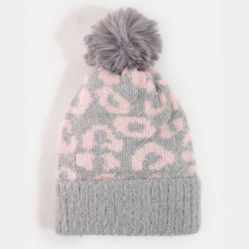 Collections by Fame Accessories - Wholesale Beanie - Women's - Leopard Print Fuzzy Pom Beanie0