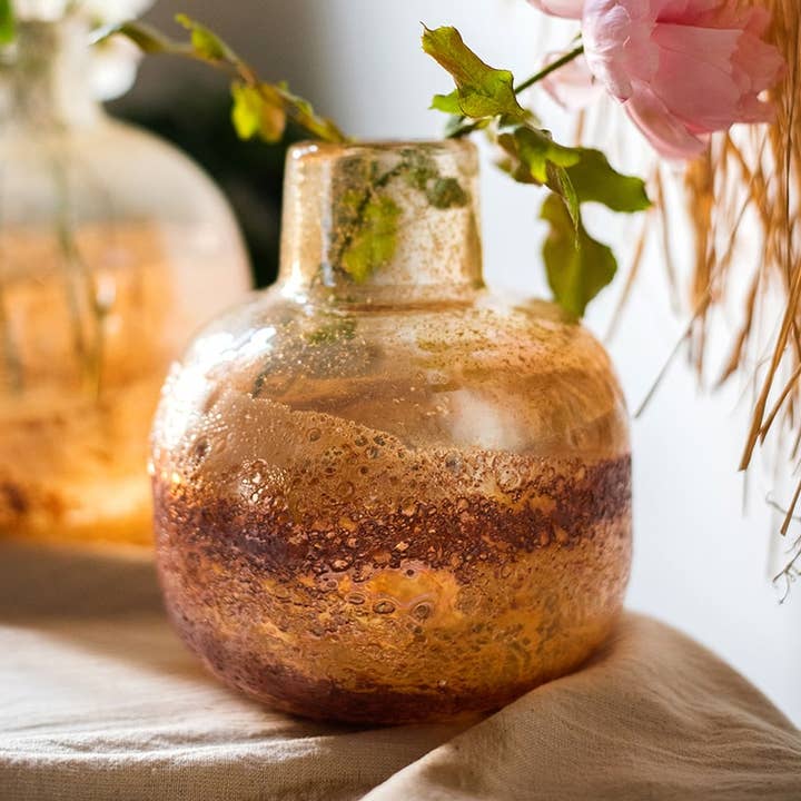 Rustic Reach - Wholesale Vase - Hand Blown Bubble Glass Bud Vase Amber