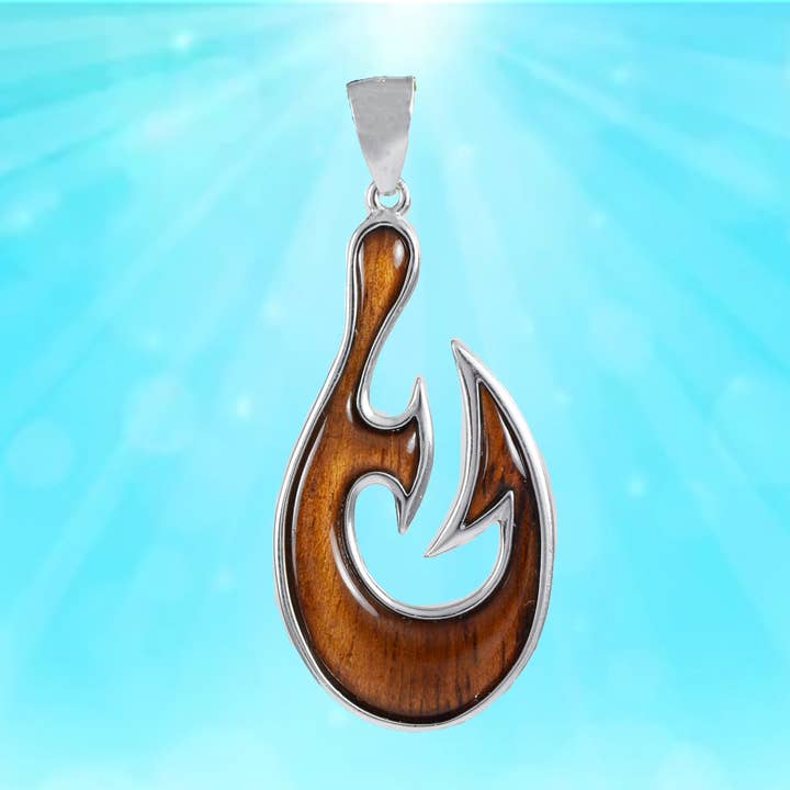Hawaiian X-Large Genuine Koa Wood Fish Hook Pendant, Sterling Silver Koa Wood Fish Hook Pendant, Christmas Anniversary Birthday Gift for wholesale by Paradise Treasures Jewelry