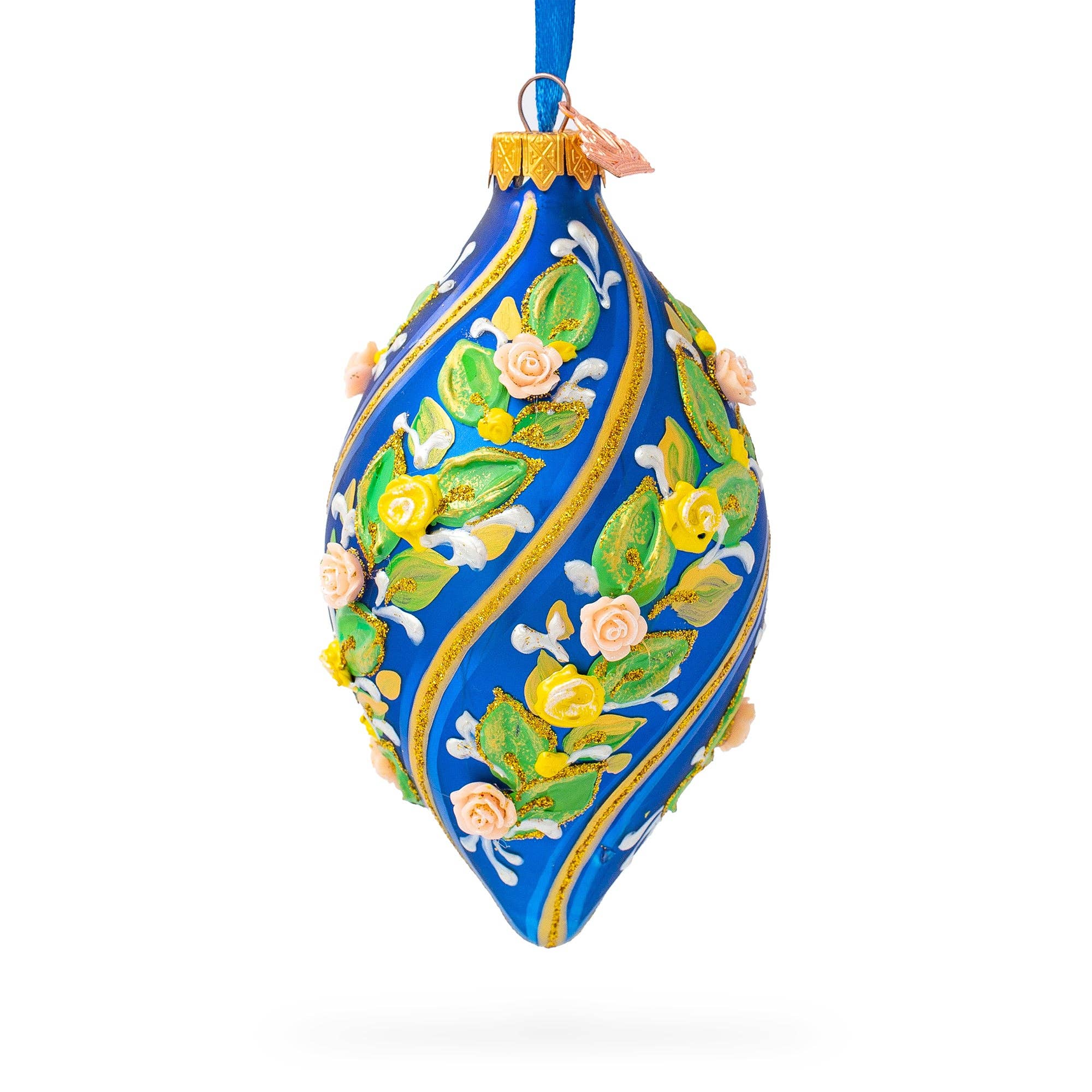 BestPysanky - Vendita all'ingrosso Decorazione - Ornamento natalizio a forma di rombo in vetro blu con rose a spirale0