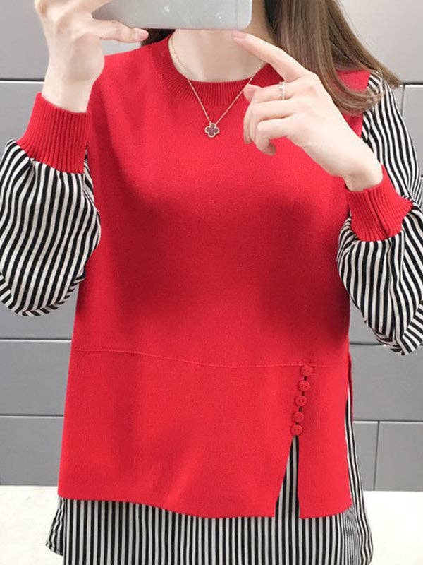 ShieldChic - Wholesale Knit Sweater - Women's - Original Loose Split-Joint 5 Colors Striped Round-Neck Long Sleeves False Two Sweater Top4