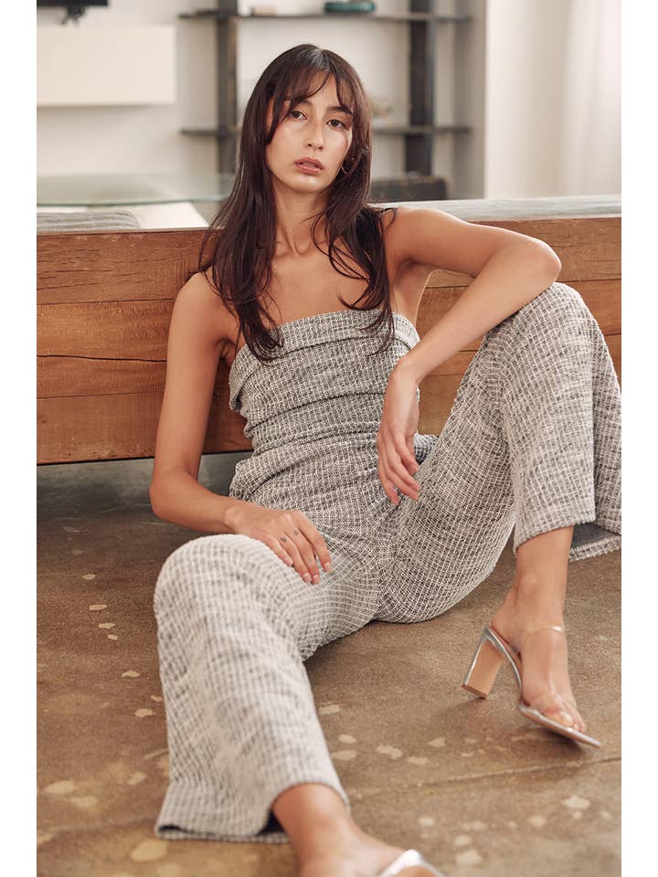 GREY WHITE STRETCHY TWEED STRAPLESS WIDE LEG JUMPSUIT-PI6522FO for wholesale on Faire