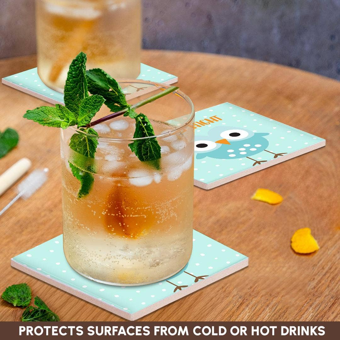 3dRose – wholesale Coasters – 3dRose, Cute Baby Woodland Owl Bird Typography On Blue Polkadots - Good Night, Coaster2