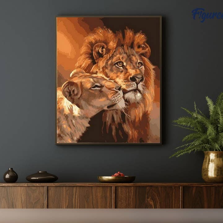 Figured'Art - Vente Kit de bricolage - Peinture par numéro Couple Lion et Lionne - Toile roulée