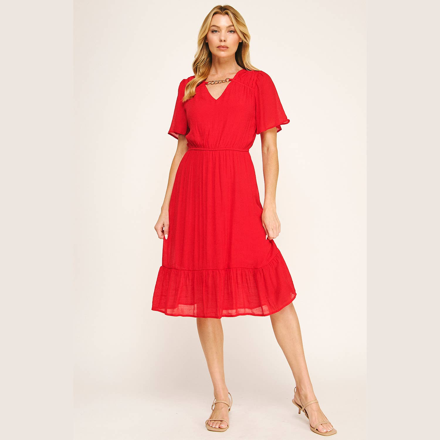 Winslow Collection - Wholesale Dress - Women's - FLUTTER SLEEVE NECKLACE DETAIL PRINTED MIDI DRESS2