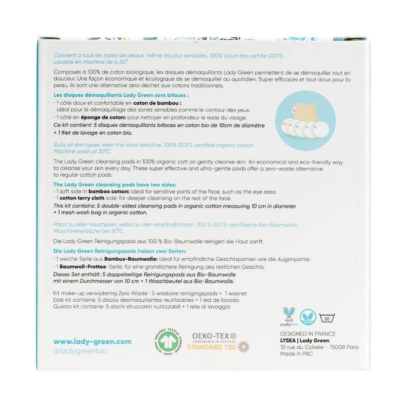 Lady Green (LYSEA) - Wholesale Makeup Remover - Kit 5 disques démaquillants + 1 filet de lavage2