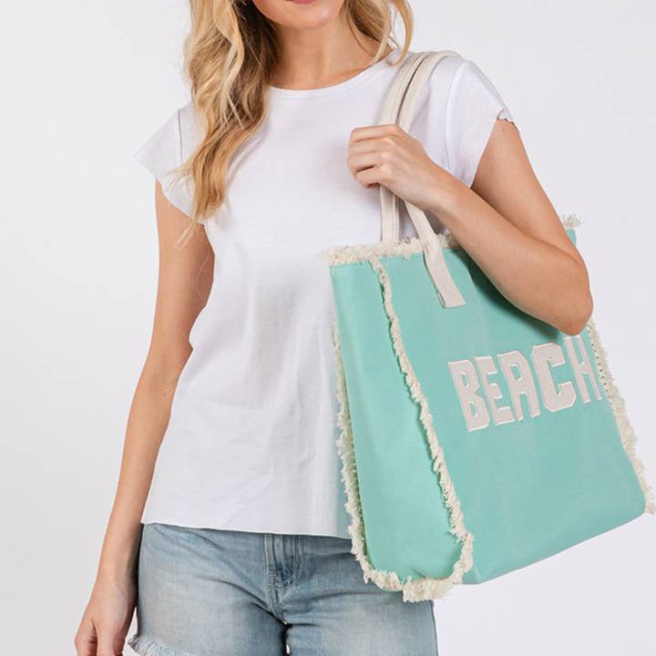 3AM BY H&D ACCESSORIES - Wholesale Tote Bag - Women's - EMBROIDERED BEACH LETTER FRINGE TOTE BAG