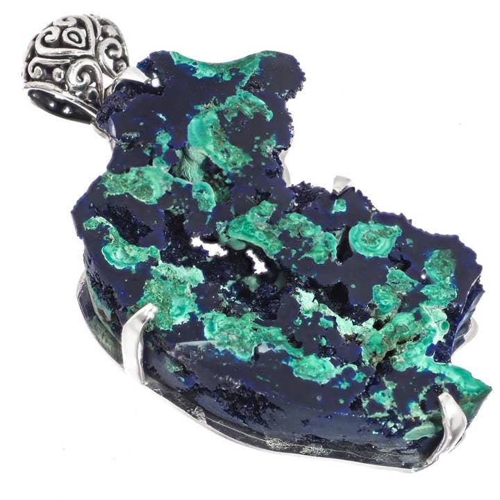 Pendentif en argent 925 rare malachite en azurite bleue druzy, 2 1/2" pour la vente par FifiRose