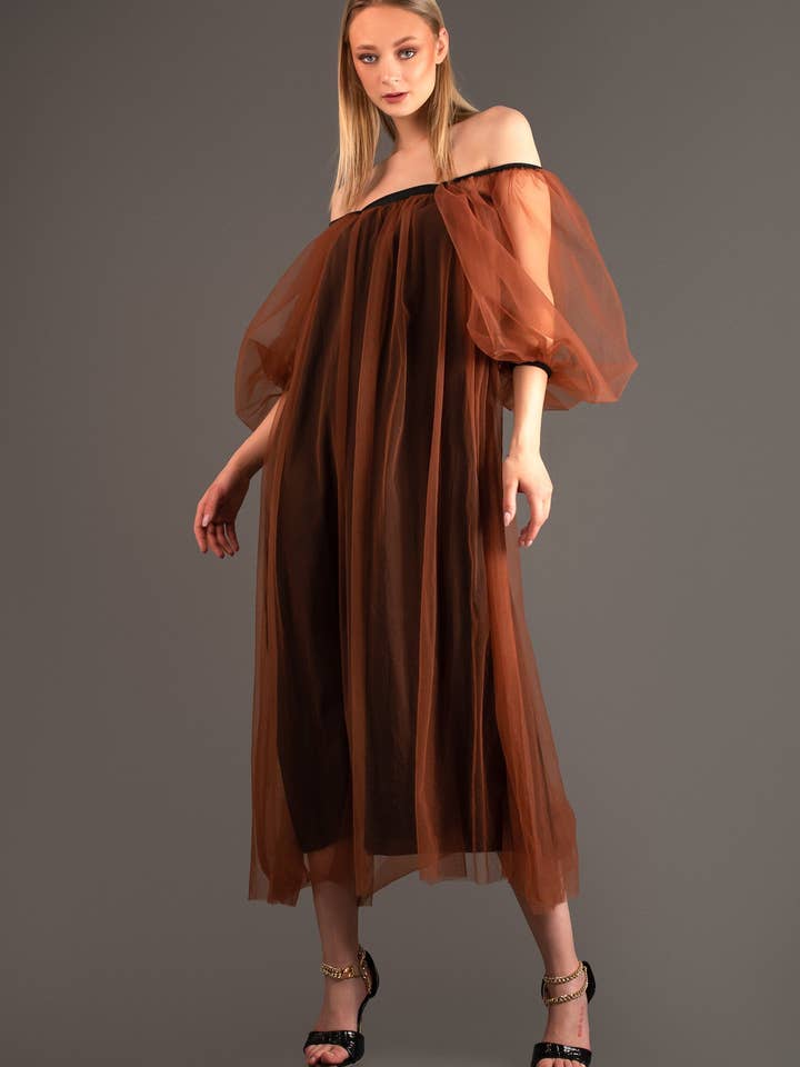 Cinnamon Off Shoulder Tulle Dress for wholesale on Faire