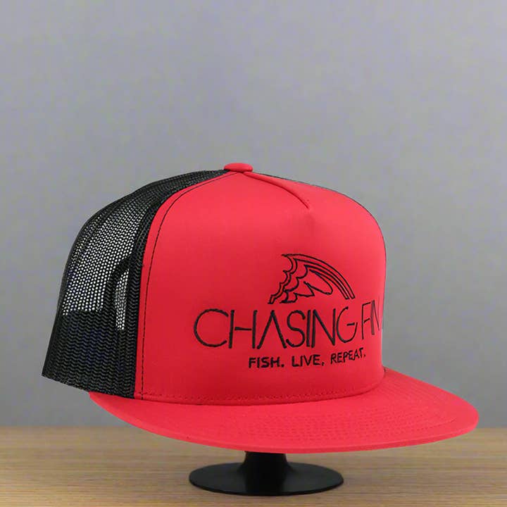 Red & Black Flatbill Snapback for wholesale by Chasing Fin