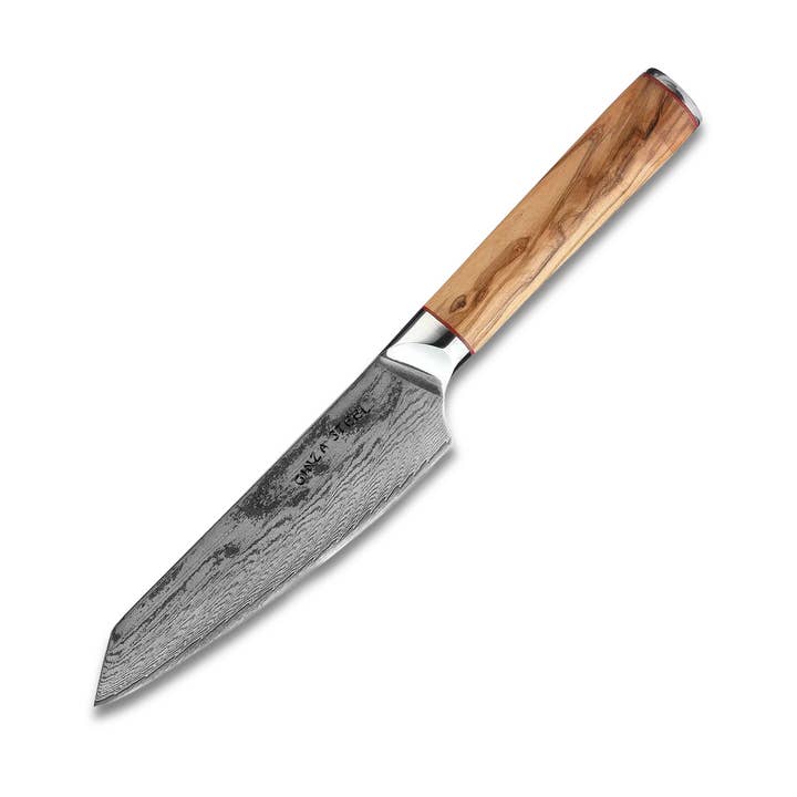 Ginza Steel MIA 17 Chef Knife 6.5” – Damascus AUS10 Steel, 67-Layer, Olive Wood Handle for wholesale by Ginza Steel