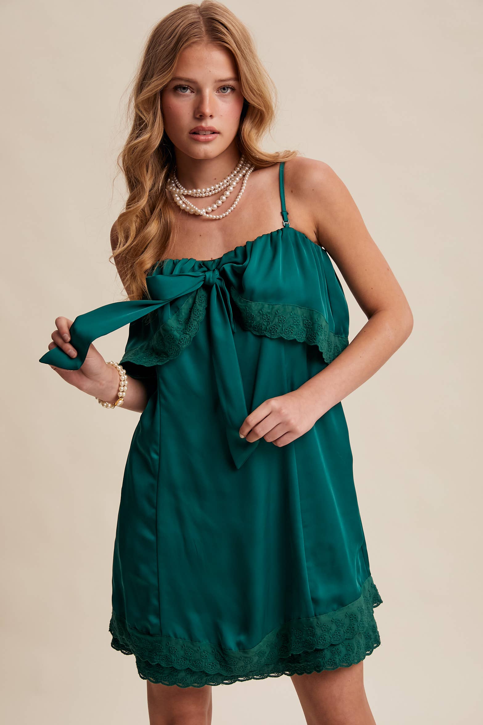 Listicle - Wholesale Dress - Women's - Bow Front Lace Trim Mini Dress LD106313